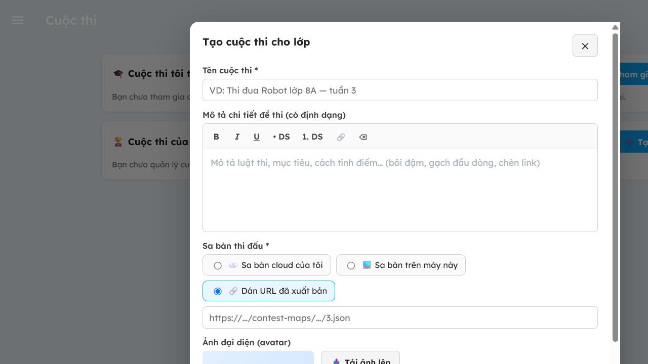 Biểu mẫu tạo cuộc thi Robocon ảo và thiết lập thời gian nhận bài