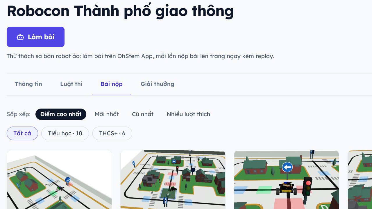 Trang bài nộp và bảng xếp hạng của thử thách Robocon trên OpenSTEM