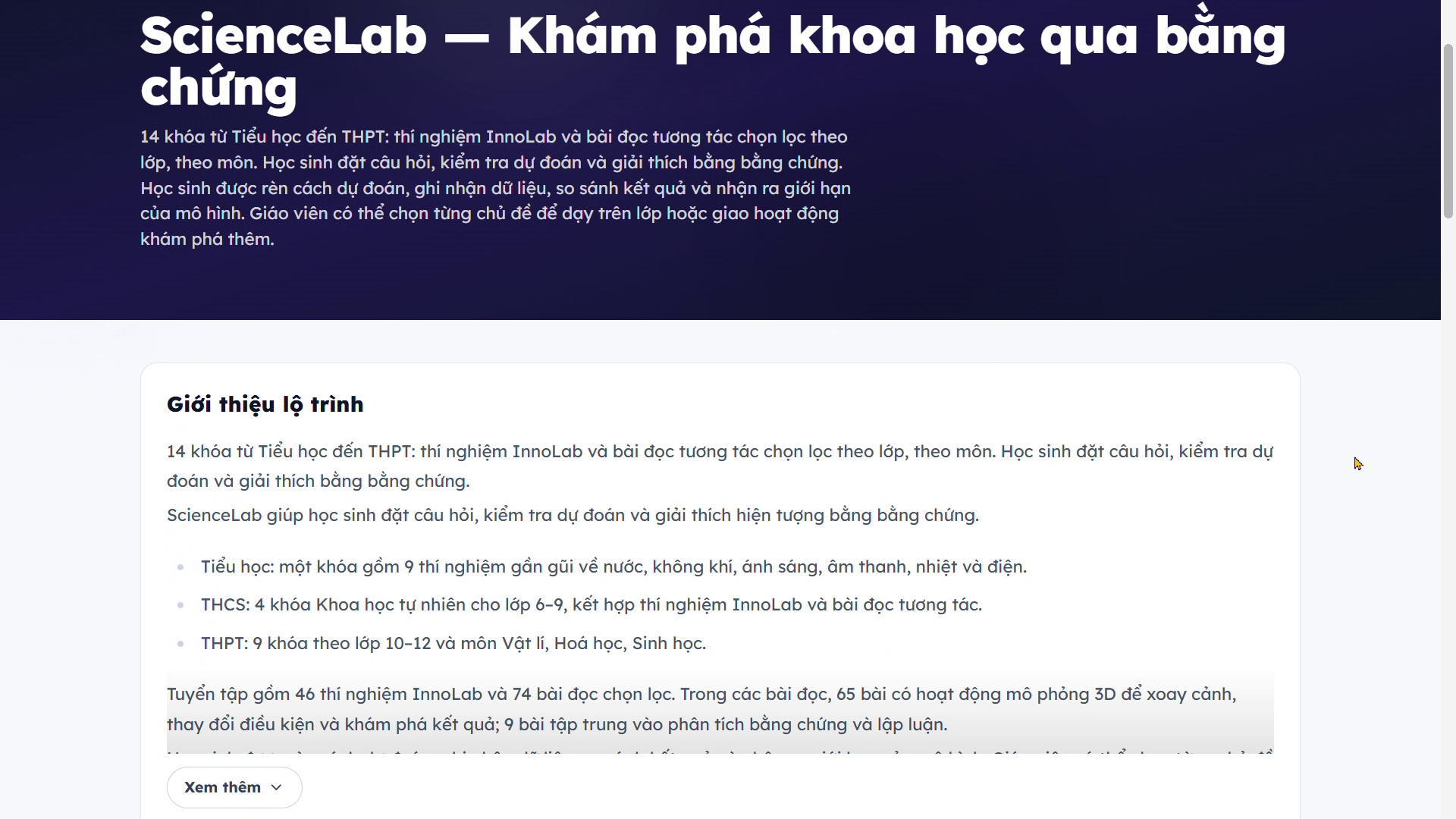 Lộ trình ScienceLab được tổ chức thành các khóa học theo cấp học