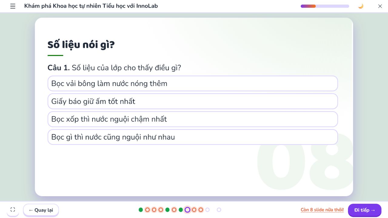Màn hình đọc số liệu và chọn kết luận dựa trên bằng chứng trong ScienceLab