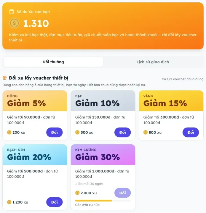 Trang Ví xu: số dư xu và năm mức voucher từ Đồng 5% đến Kim cương 30%, mức chưa đủ xu hiện số xu còn thiếu