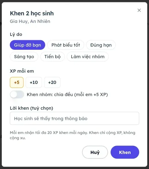 Hộp thoại khen học sinh: chọn lý do, mức điểm mỗi em và lời khen